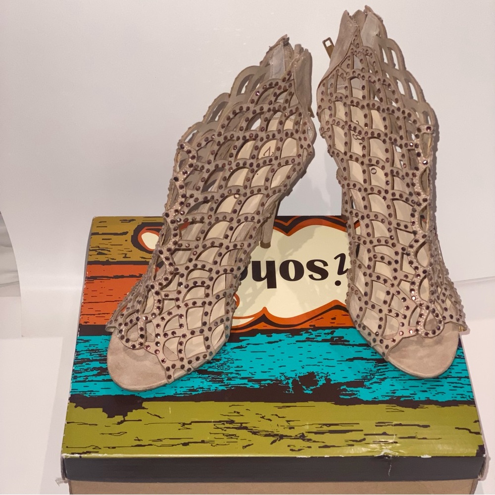 Zigi Soho Duran Beige & Cinnamon Rhinestone Lattice Cutout Caged Heeled Bootie